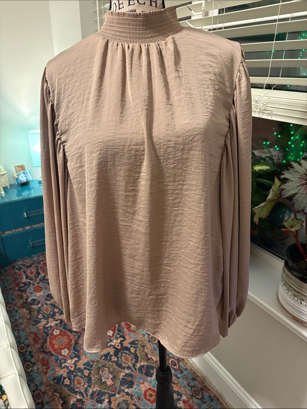 CeCe Smocked High Neck Long Sleeve Blouse - Taupe